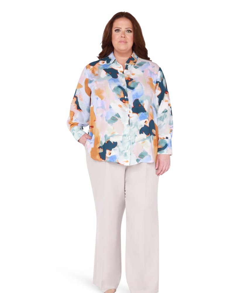 Front of a model wearing a size 0X Dayna High Waist Wide Leg Pant in Medium Tan by DEX PLUS. | dia_product_style_image_id:268415